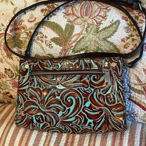 Patricia Nash Brown and Blue Crossbody Bag with Tooled Leather Design